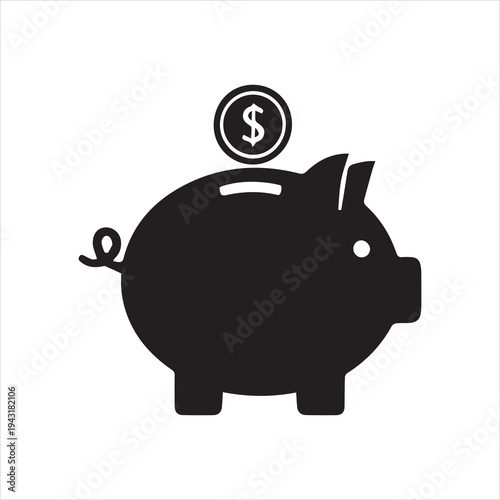 Black piggy bank with coin, simple vector icon for savings and finance