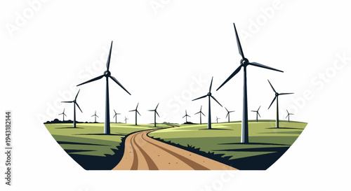 A curving dirt road winds through a field of wind turbines on a sunny day