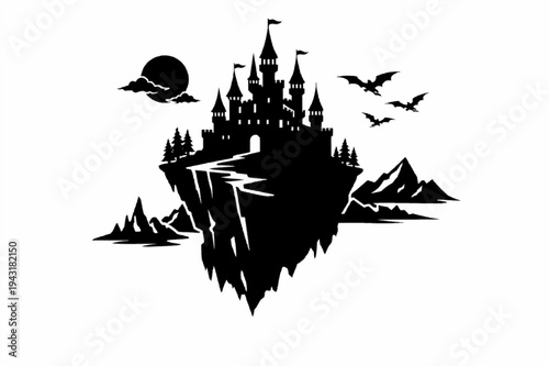 Mystical Gothic Castle Silhouette on Floating Island with Dragons and Moon