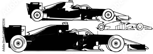 Two graphic depictions of open-wheel racing cars, one large and one smaller