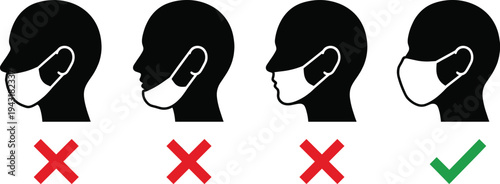 Face mask wearing guide correct and incorrect mask position illustration health protection respiratory safety instruction pandemic prevention vector infographic