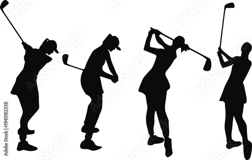 Female golf players silhouettes set with woman golfers swinging clubs in various action poses isolated on white background for sports club design