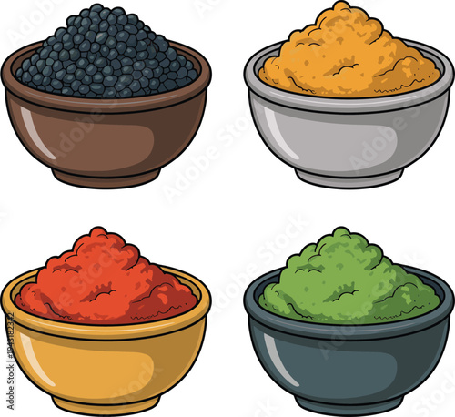 Colorful spice powder bowls collection, assorted seasoning ingredients in ceramic bowls, cooking spices vector illustration isolated for kitchen, food, seasoning design