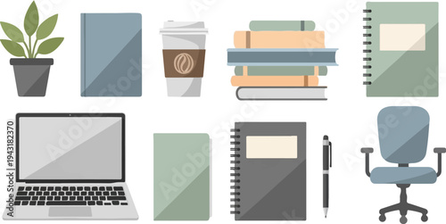 Workspace essentials potted plant, books, coffee, laptop, notebooks, pen, and chair