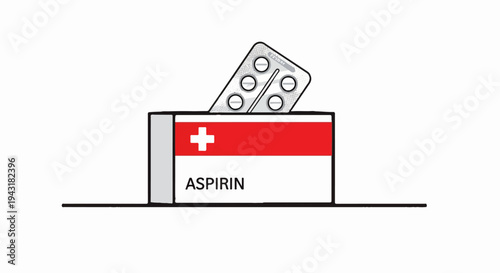 A blister pack of aspirins protrudes from a box