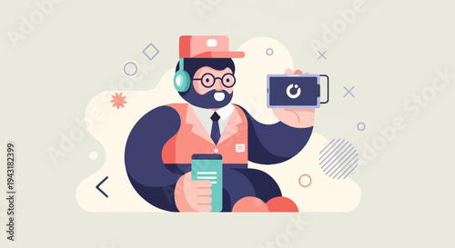 A cartoon person with a beard, glasses, headphones, and a cap holds two phones