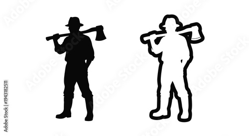 Two lumberjacks carrying axes depicted in striking black outlines silhouette