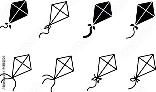 Set of six black and white kite flying vector illustrations, minimalist flat design, scalable graphic art