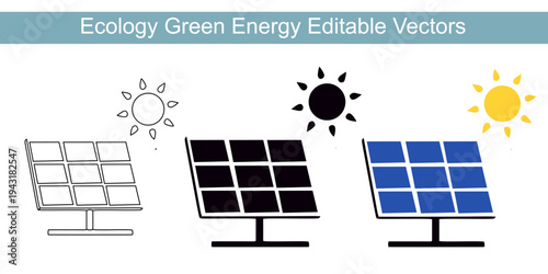Solar green energy realistic concept with wind turbines and solar panels in background with cityscape Three editable silhouette icon vector Set illustration