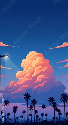 Anime Sunset Sky with Palm Trees  Street Light.