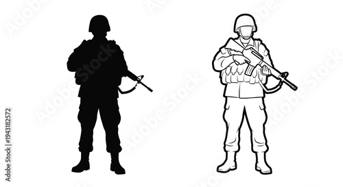 Two soldiers depicted in contrasting styles a striking silhouette