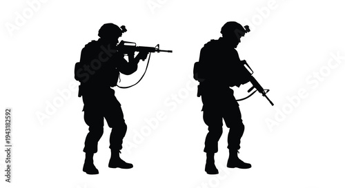 Two soldiers in combat gear rifle fire detailed silhouette