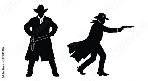 Two cowboys in western attire pose dynamically a striking silhouette