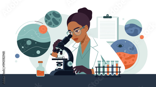 A female researcher looks into a microscope, conducting scientific experiments with test tubes and petri dishes