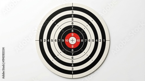 Diana de tiro con círculos concéntricos, números y símbolos sobre fondo blanco neutro. Imagen clara y minimalista que representa precisión, objetivo, estrategia y éxito.