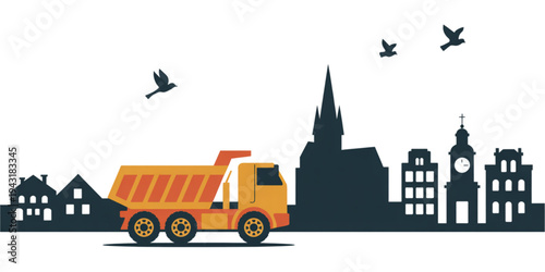 A yellow dump truck driving past a silhouette of a european city skyline with flying birds above Vector