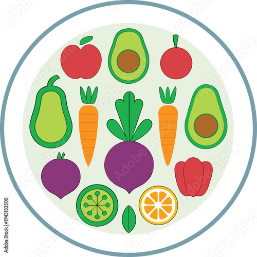 A colorful illustration of various fruits and vegetables on a plate