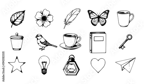 Hand drawn pencil sketch object collection with realistic graphite drawings isolated on white background