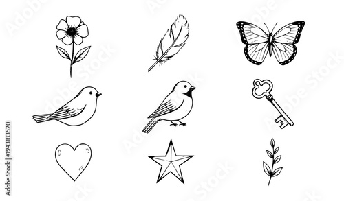 Pencil sketch illustration set with hand drawn graphite doodles and classic sketchbook style drawings isolated on white background