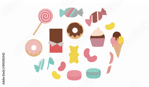 Cute candy and sweets icon collection with lollipop donut cupcake gummy and chocolate cartoon vector set isolated on white background