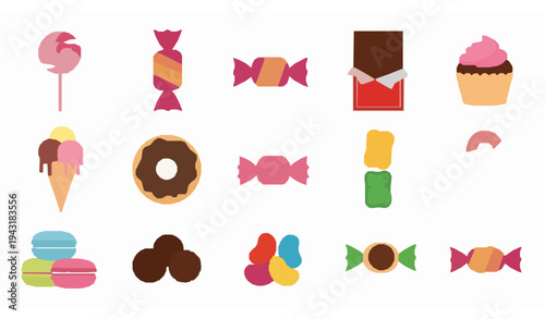 Sweet candy and dessert icon set with lollipop chocolate cupcake donut and confectionery flat vector icons isolated on white background