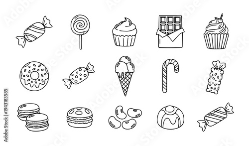 Hand drawn sweets and candies outline icon set with dessert and confectionery doodle symbols isolated on white background