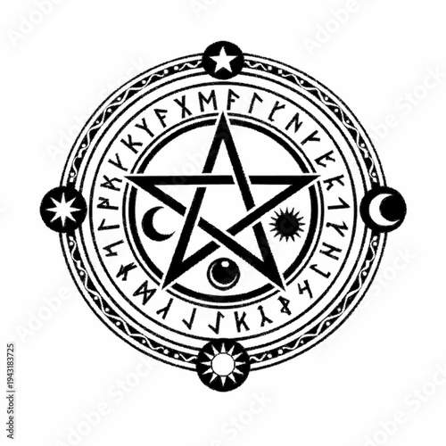 Mystical Pentagram Occult Symbol with Ancient Runes and Celestial Elements