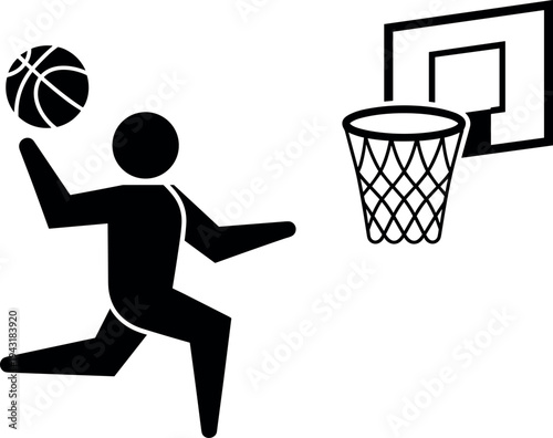 Man playing basketball, jumping to dunk ball into hoop, vector illustration