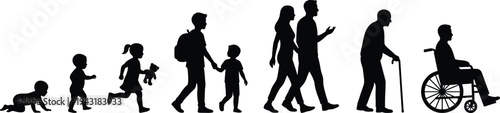 Human Life Cycle Silhouette Showing Baby Child Teen Adult and Elderly With Cane and Wheelchair Aging Stages Concept Vector Illustration