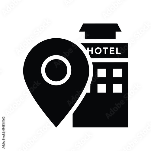 Hotel building icon next to a map pin, indicating location and accommodation services