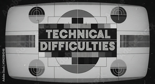 Vintage tv screen displays 'technical difficulties' test pattern with film grain.