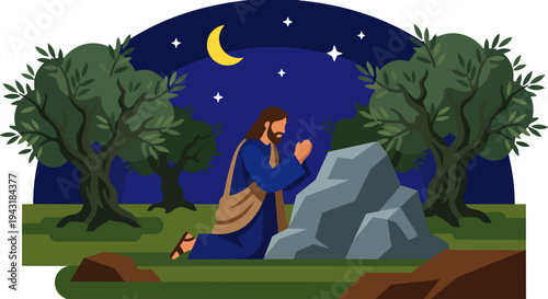 Garden of Gethsemane

Flat vector illustration of Jesus praying in the Garden of Gethsemane, depicting Jesus kneeling beside a rock with hands together in prayer, olive trees and night sky with moon i