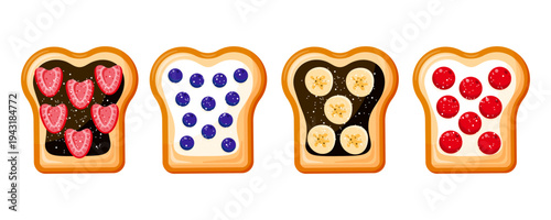 Collection of tasty sweet sandwiches with different fillings icolated on white background. Slices toasts with toppings:  strawberry, banana, blueberry, cherry, chocolate, cream. Food icons. Vector 
