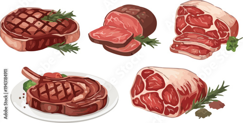 Collection of fresh raw and grilled meat cuts with spices and herbs on white background