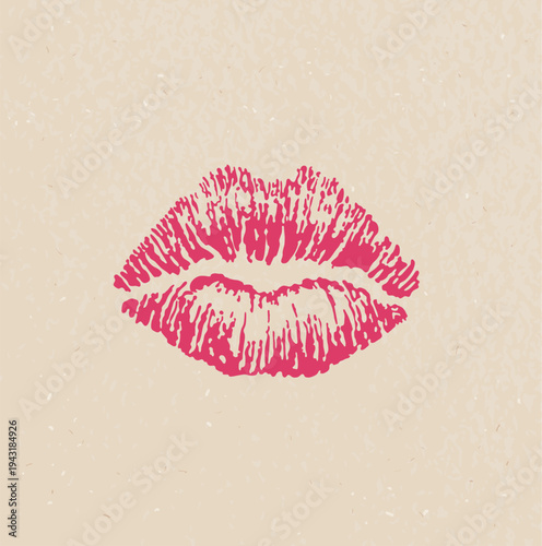 Bold Lipstick Kiss Mark Stamp Hand Drawn Romantic Valentine Illustration. Bold pink lipstick kiss stamp illustration in a naive hand-drawn style on a warm kraft paper background. Whimsical vintage rom