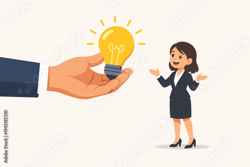 Big Hand Giving Glowing Lightbulb Idea to Young Business Woman Vector Illustration Representing Mentorship, Creative Inspiration, Professional Support, Leadership, Innovation, and Success.