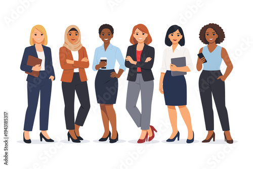 Vector illustration of diverse professional businesswomen standing together in stylish office outfits. Multi-ethnic female colleagues, entrepreneurs, and corporate leaders on white background.