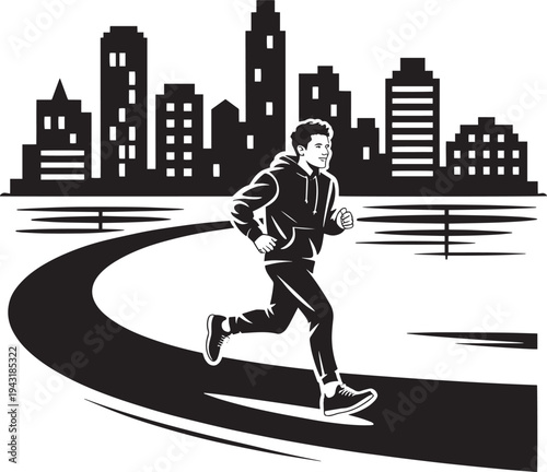 Male athlete running on urban track, city buildings in background, active lifestyle