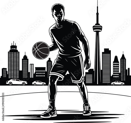 Basketball player with ball on court, city background, streetball, outdoor activity