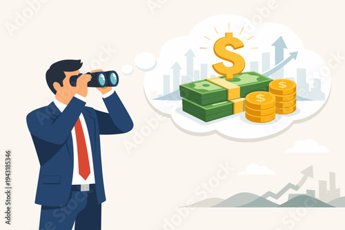 Businessman in a suit using binoculars to look into the future, visualizing financial growth with stacks of cash, gold coins, and rising arrow charts, symbolizing investment and profit goals.