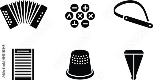 Accordion mathematical symbols leash washboard thimble cone icons vector illustration