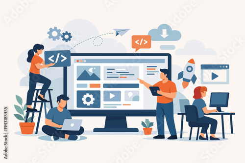 Flat Vector Illustration of IT Professionals and Web Developers Working Together on a Website Project, Software Engineering Team Coding and Designing User Interface on Large Computer Screen.