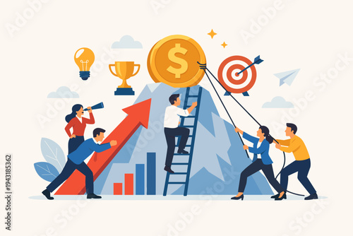 Business team working together to achieve financial success and monetary rewards. Concept of teamwork with people climbing a mountain, pulling a gold coin, and pushing a growth arrow. Flat vector