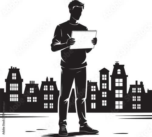 Artist silhouette holding sketchbook and pen standing in front of European city buildings