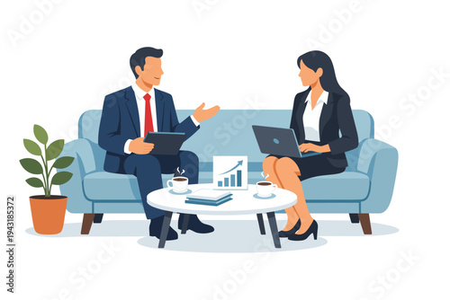 Businessman and businesswoman sitting on a sofa having a professional discussion or meeting, using laptop and tablet with coffee and growth chart on table, flat vector illustration concept.