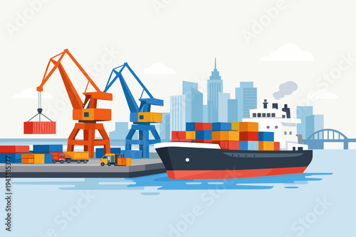 Flat Vector Illustration of a Large Cargo Ship Loaded with Colorful Containers Docked at a Busy City Port with Industrial Cranes, Trucks, and a Modern Urban Skyline in the Background for Global Trade.