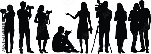 Black silhouette illustration of photography and videography crew with cameras, tripod, video equipment, photographers, media team, capturing event production scene