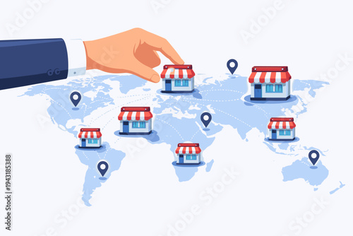 Businessman Hand Expanding Brand Store Network on World Map, Global Retail Franchise Business Expansion Concept, International Market Growth, Distribution Strategy, Flat Vector Illustration
