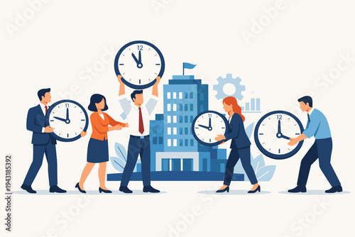 Flat Vector Illustration of Diverse Business Professionals Carrying Large Clocks Towards a Corporate Office Building, Representing Time Management, Employee Dedication, Productivity, and Deadlines.