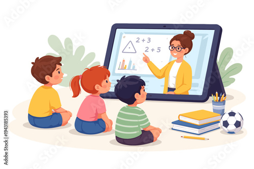 Vector illustration of kids sitting on the floor watching a teacher on a tablet screen for an online math lesson, remote learning, homeschooling, and digital education concept for elementary school.